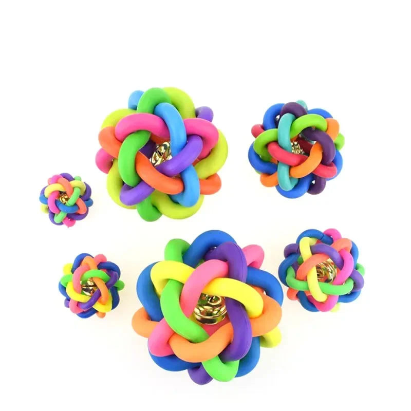 Rainbow Dog Ball with Bell – Interactive Rubber Fetch Toy for Dogs & Cats