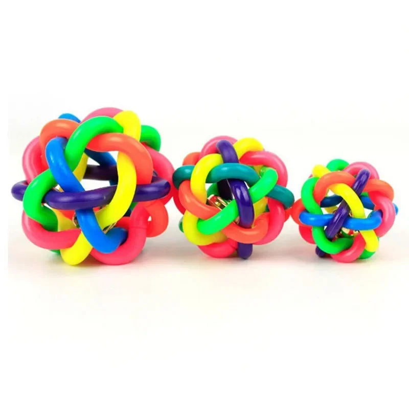 Rainbow Dog Ball with Bell – Interactive Rubber Fetch Toy for Dogs & Cats