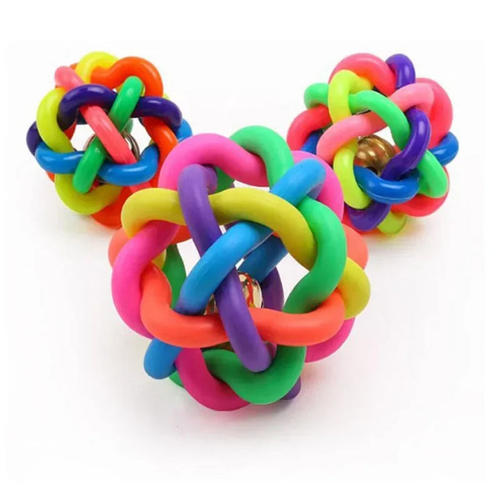 Rainbow Dog Ball with Bell – Interactive Rubber Fetch Toy for Dogs & Cats