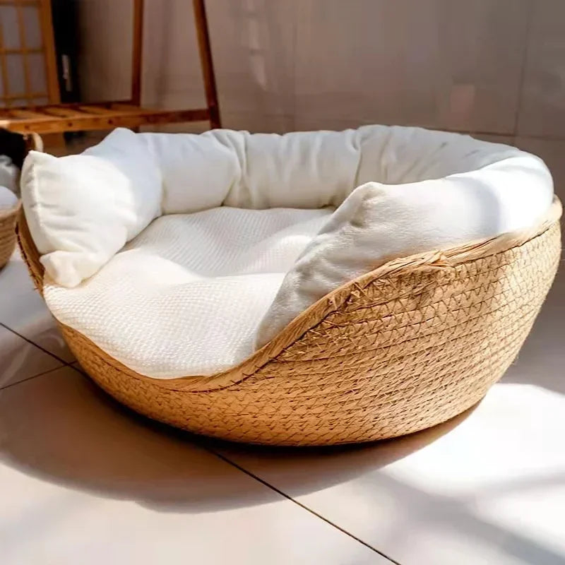 Handwoven Bamboo Pet Bed – Breathable with Waterproof Cushion