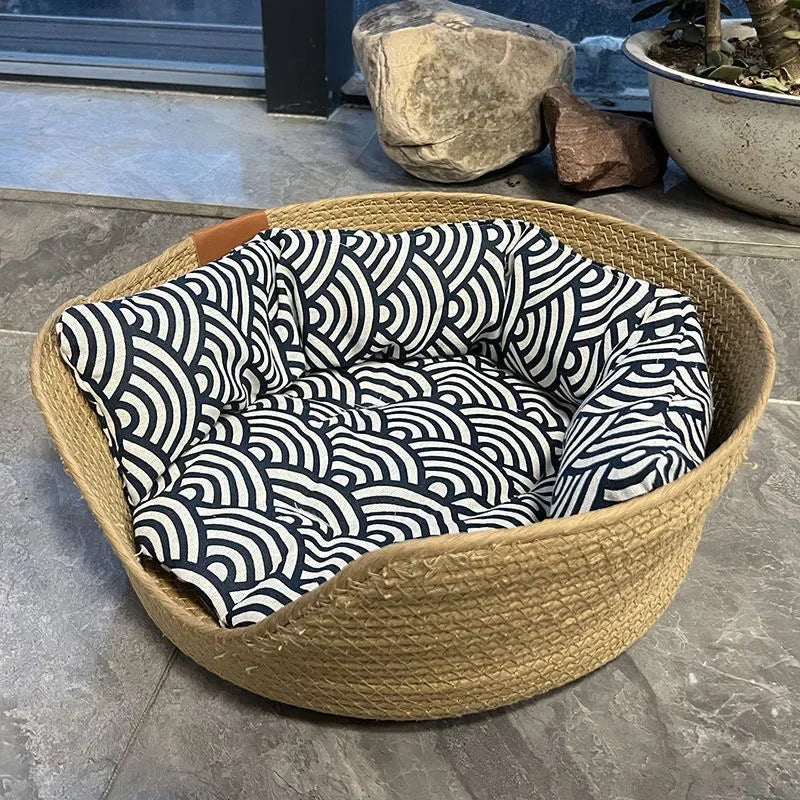 Handwoven Bamboo Pet Bed – Breathable with Waterproof Cushion