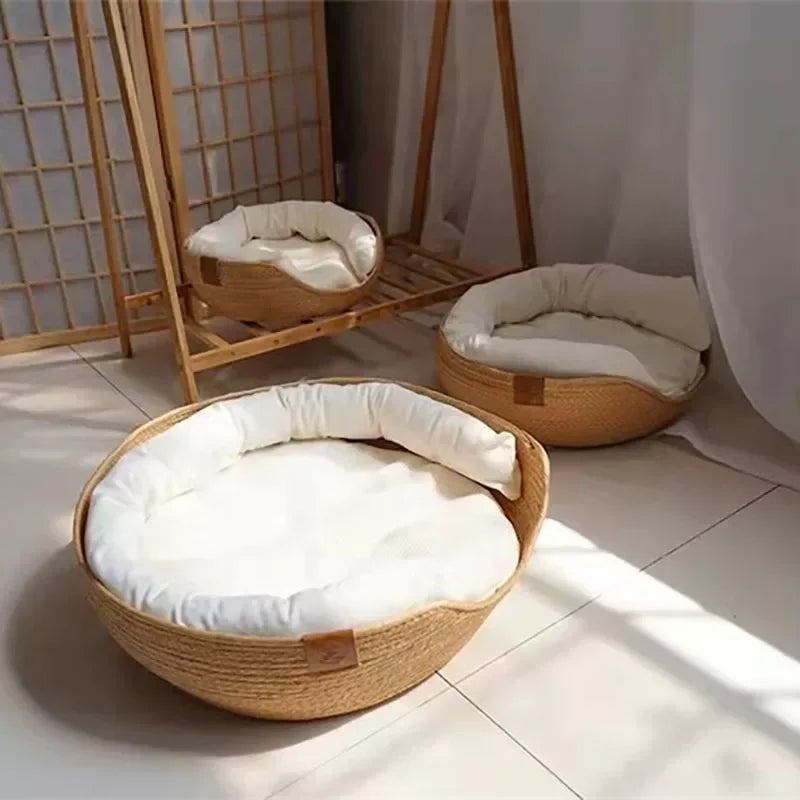 Handwoven Bamboo Pet Bed – Breathable with Waterproof Cushion