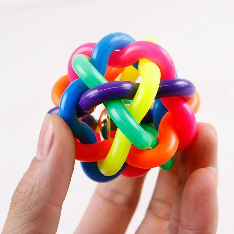 Rainbow Dog Ball with Bell – Interactive Rubber Fetch Toy for Dogs & Cats