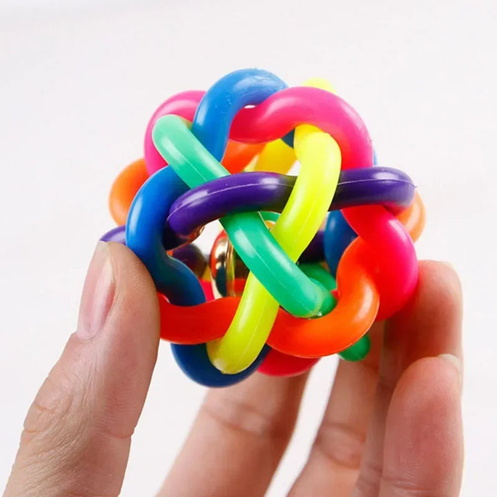 Rainbow Dog Ball with Bell – Interactive Rubber Fetch Toy for Dogs & Cats