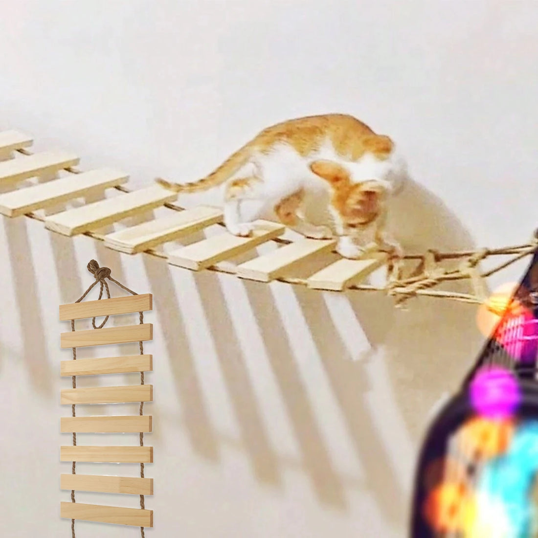 Natural Wood Cat Ladder – Wall Mounted with Sisal Rope
