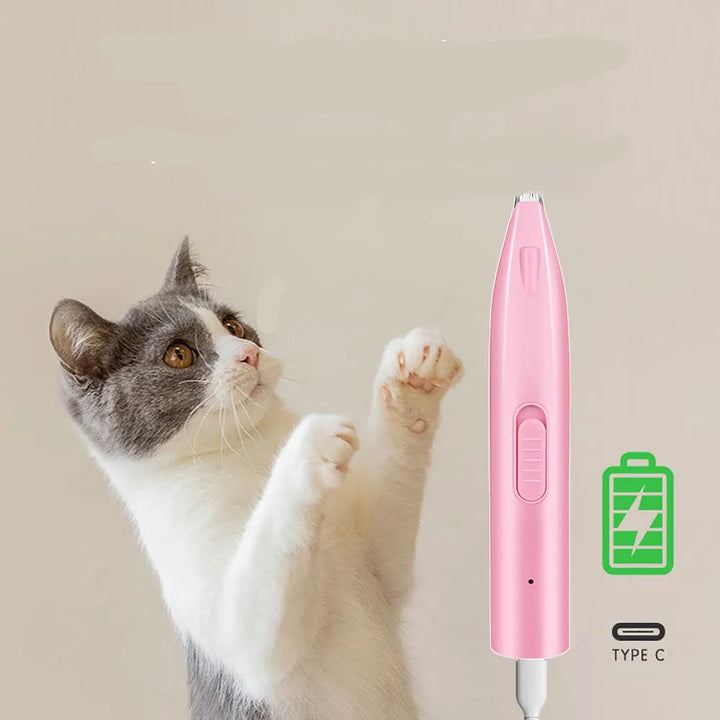 Cat with a pink electronic device labeled 'Dual power' on a beige background