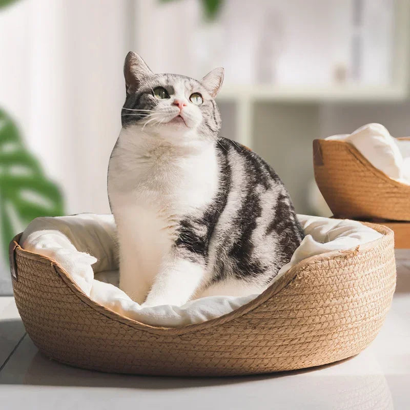 Handwoven Bamboo Pet Bed – Breathable with Waterproof Cushion