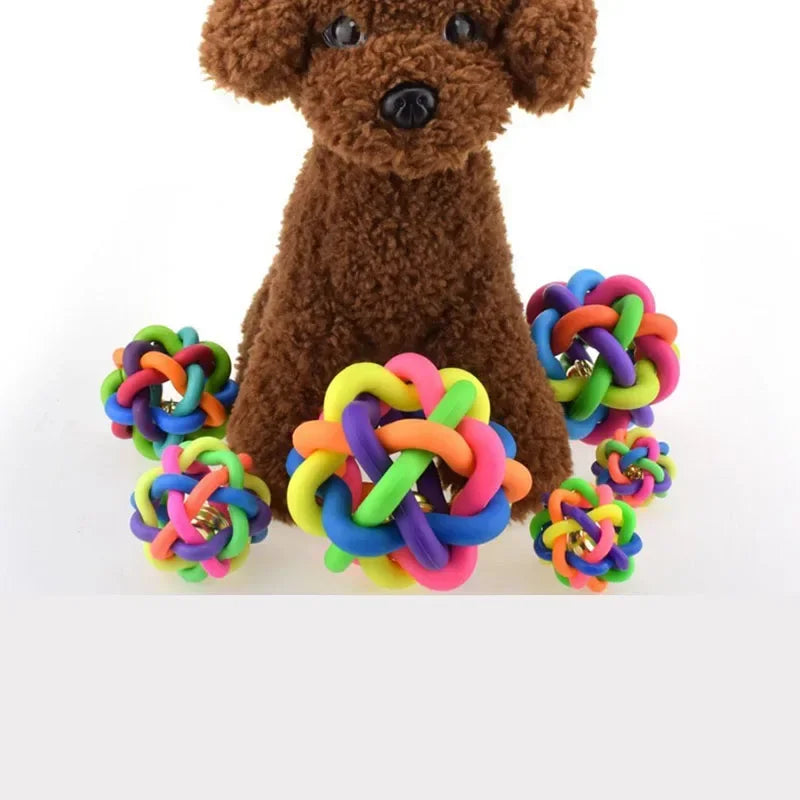 Rainbow Dog Ball with Bell – Interactive Rubber Fetch Toy for Dogs & Cats